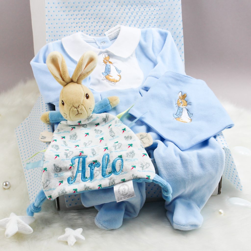 Embroidered and personalized baby gift set with Peter Rabbit hotsell