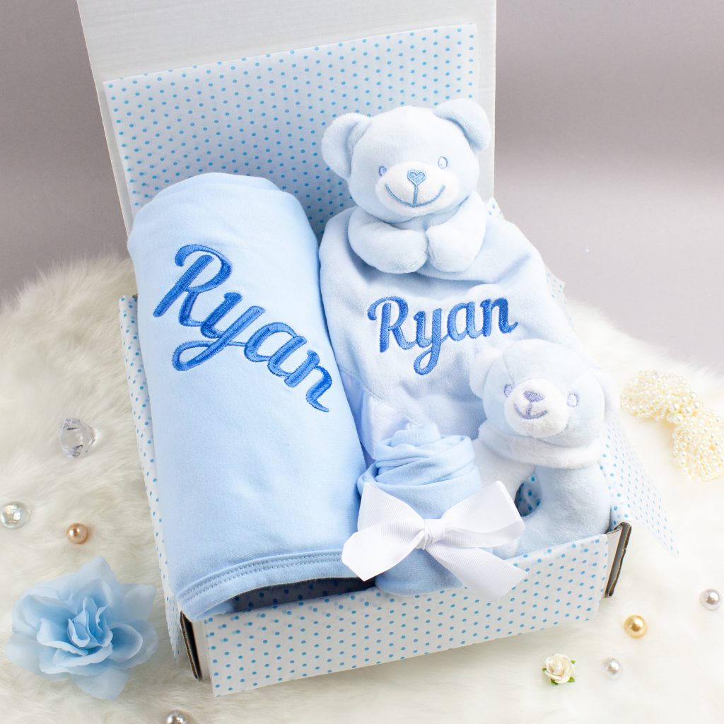 Personalised Blue Teddy Bear Baby Gift Box Heavensent Baby Gifts